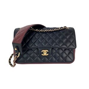 Chanel Calfskin Quilted Strap into Flap Black Burgundy Shoulder Bag
